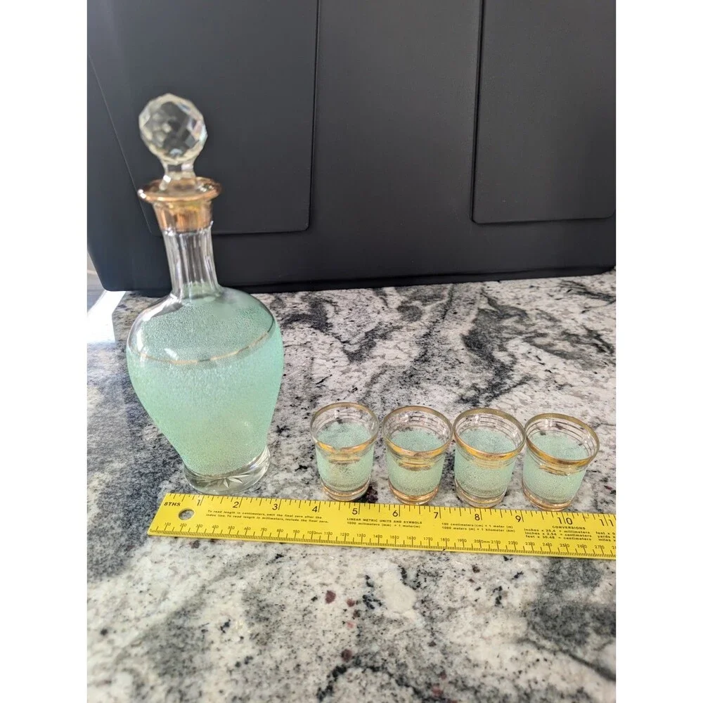 Vintage USSR Red Giant Green Sand Decanter 4 Shot Glasses Soviet Glass Set